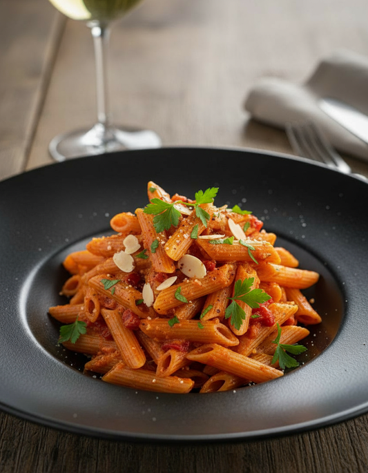 AminoPasta con Crema di Peperoni e Mandorle