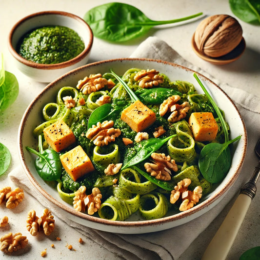 AminoPasta al Pesto di Spinaci e Noci con Tofu Croccante